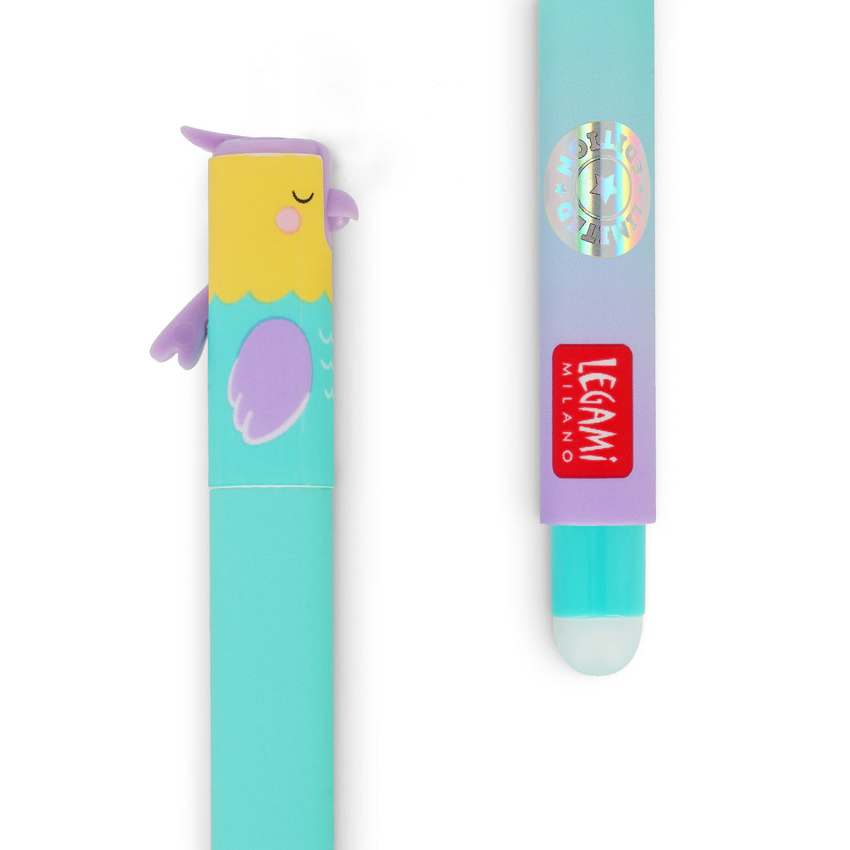 Lovebirds Erasable Gel Pen Set - 2 Pack by penny black showing turquoise pen with bird on top and erasable tip