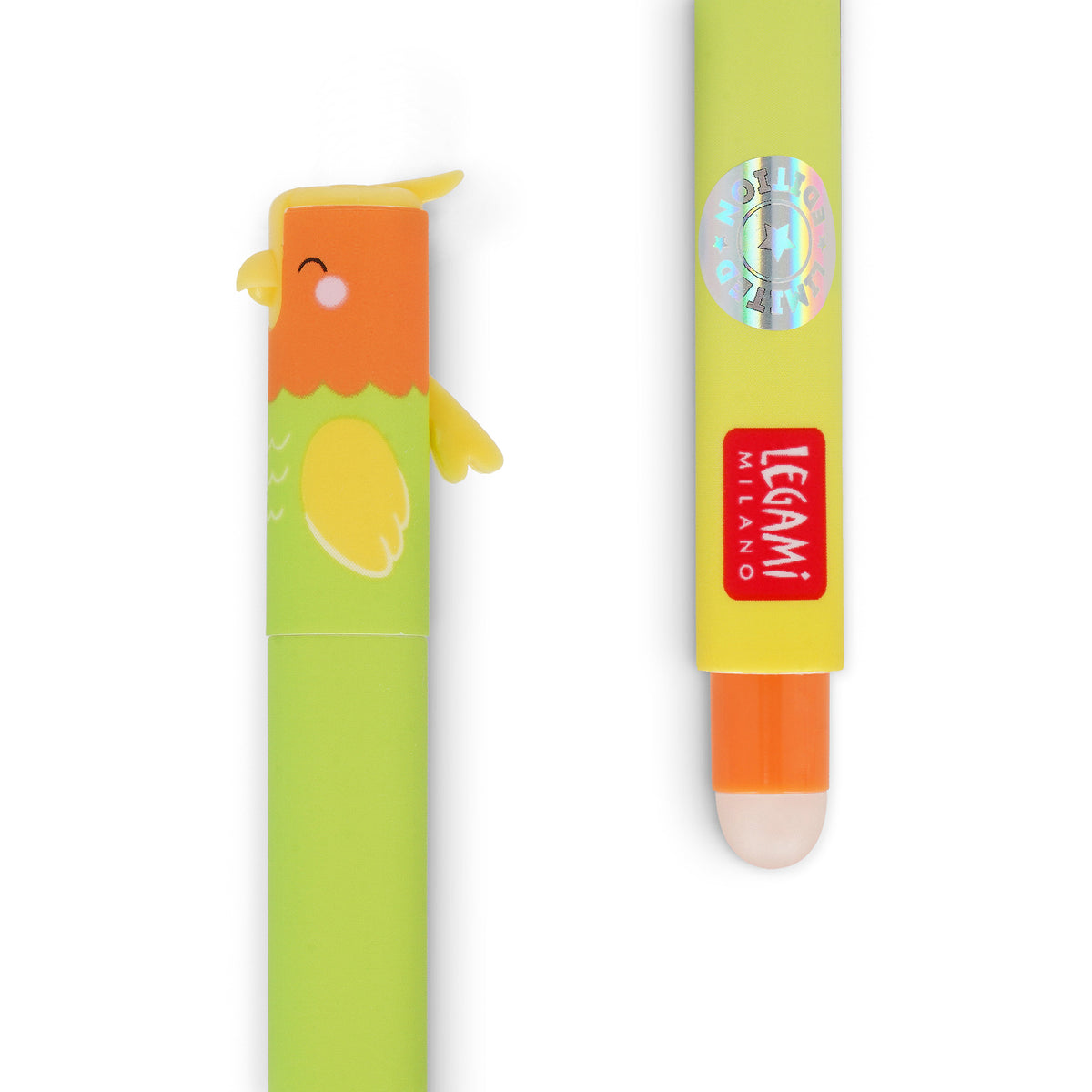 Lovebirds Erasable Gel Pen Set - 2 Pack by penny black showing yellow pen with bird on top and erasable tip