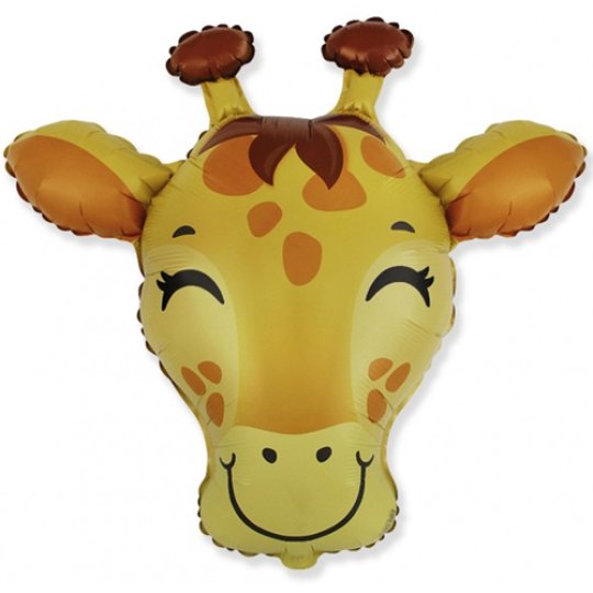 Image is of a large foil balloon, in the shape of a giraffe&#39;s head.  The balloon is yellow in colour with orange spots.  The balloon has two large ears coming from either side and two horns at the top.  The giraffe has it&#39;s eyes closed and a large smile.