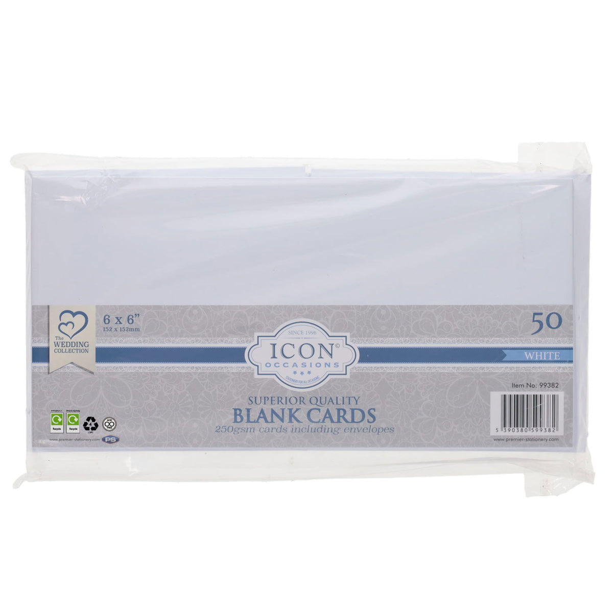 A pack of Icon brand 6x6" blank cards and envelopes in white, sealed in a clear plastic bag with a printed paper label showing the brand name and product details.