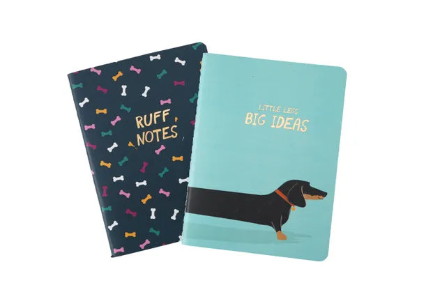 An image of two thread bound colourful notebooks with a dog theme. One is dark blue with gold writing stating &#39;ruff notes&#39; and the other is turquoise with a dachshund on it with the words &#39;little legs big ideas&#39;.