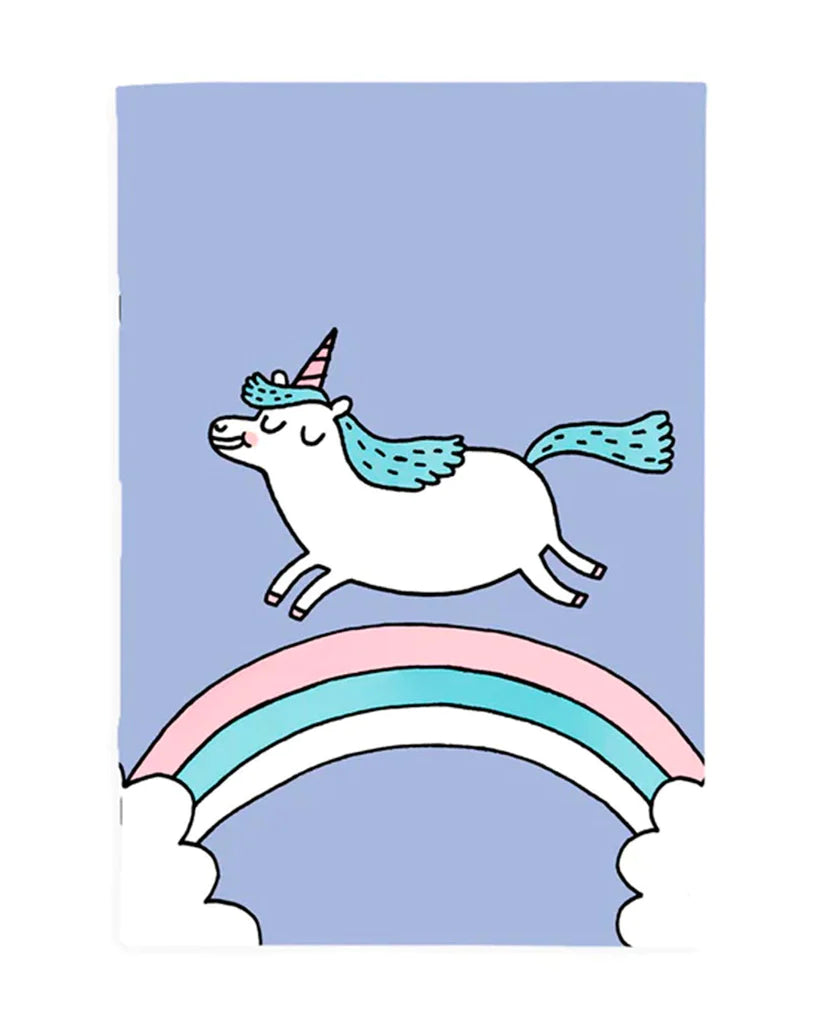 An image of an A4 notebook with a light blue background and an illustration of a childlike unicorn jumping over a rainbow.