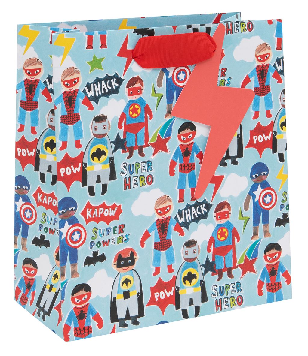A gift bag with a light blue background covered in superhero illustrations. Little boys are dressed as Captain America, Batman and Spiderman feature. There are also embellishments in the background of white clouds, red thunderbolts and phrases such as &#39;whack&#39;, &#39;pow&#39; and &#39;kapow&#39;. There is also a red ribbon handle with a red thunderbolt gift tag.