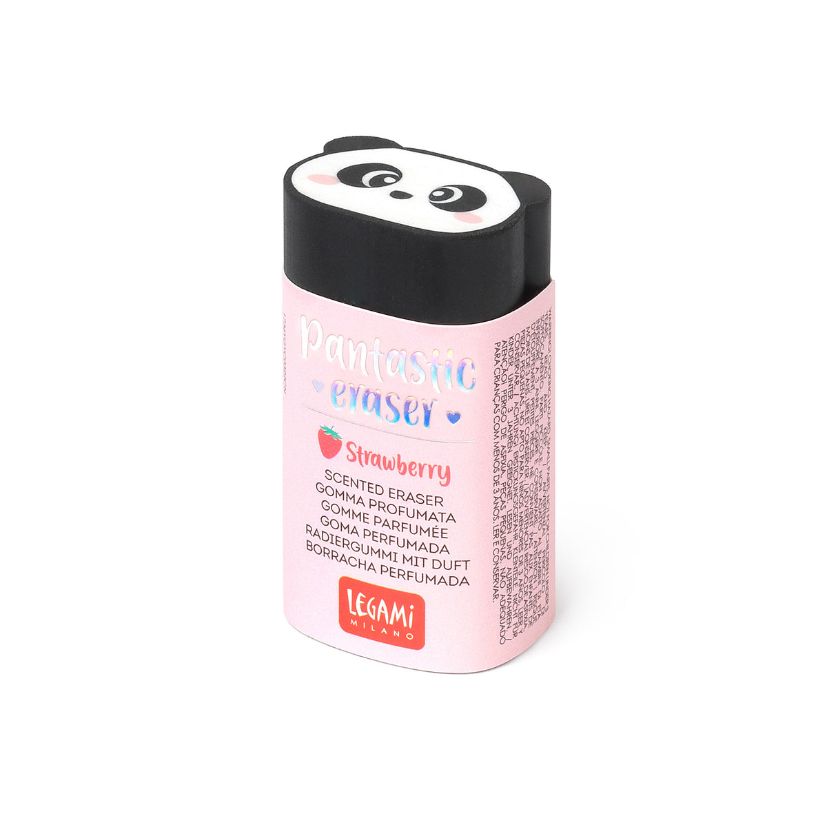 An eraser in the shape of a panda&#39;s head. The eraser is partially covered in a pink card retail packaging stating the product name and details including that it is scented with strawberry.