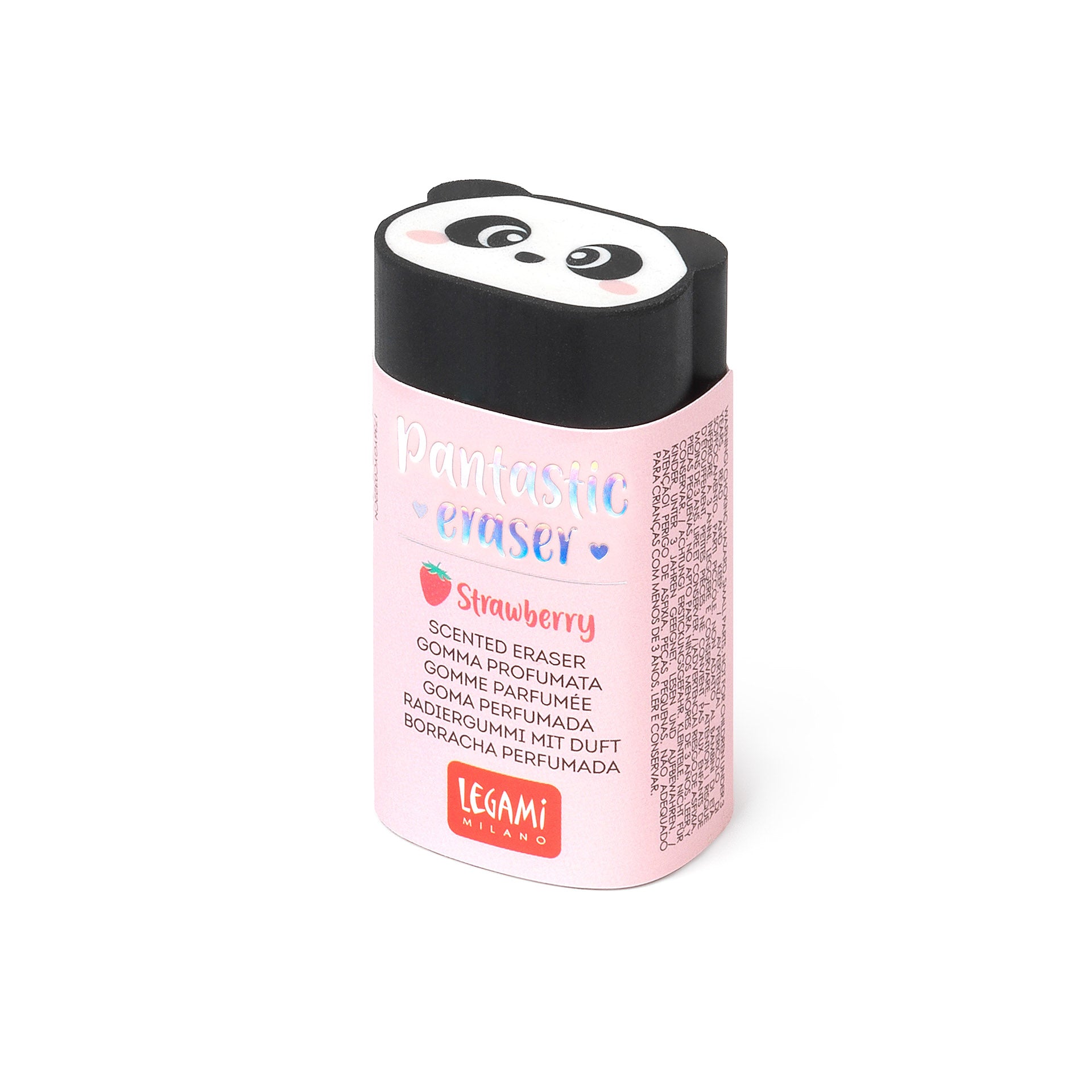 An eraser in the shape of a panda's head. The eraser is partially covered in a pink card retail packaging stating the product name and details including that it is scented with strawberry.