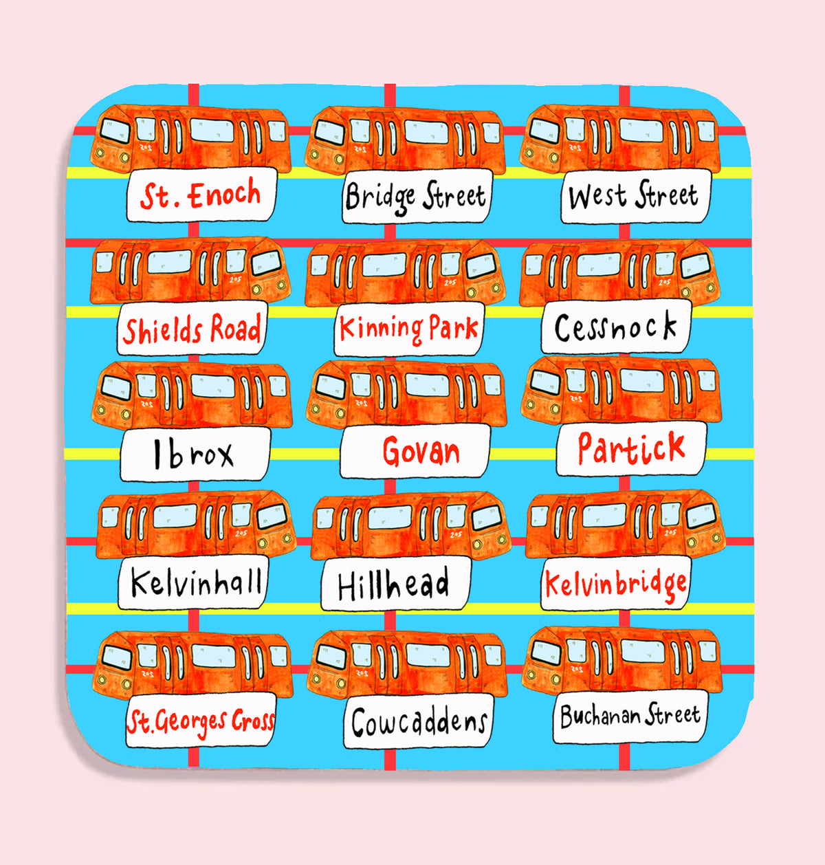 A coaster with a sky blue lightly tartan background and several orange Glasgow subway cars with their station placards denoted underneath.