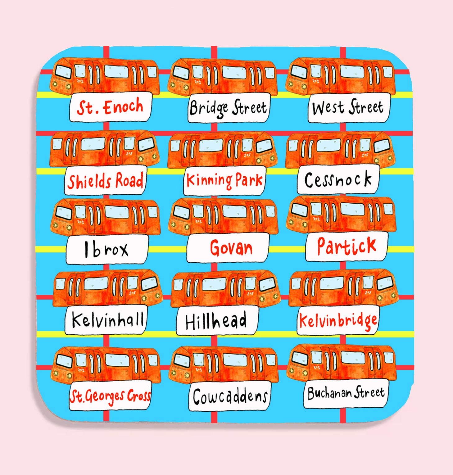 A coaster with a sky blue lightly tartan background and several orange Glasgow subway cars with their station placards denoted underneath.