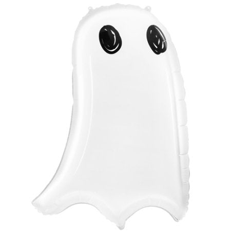 Image of a large foil balloon in the shape of a ghost. The ghost is white in colour and has two black circles for eyes and a wavy bottom to illustrate it floating.