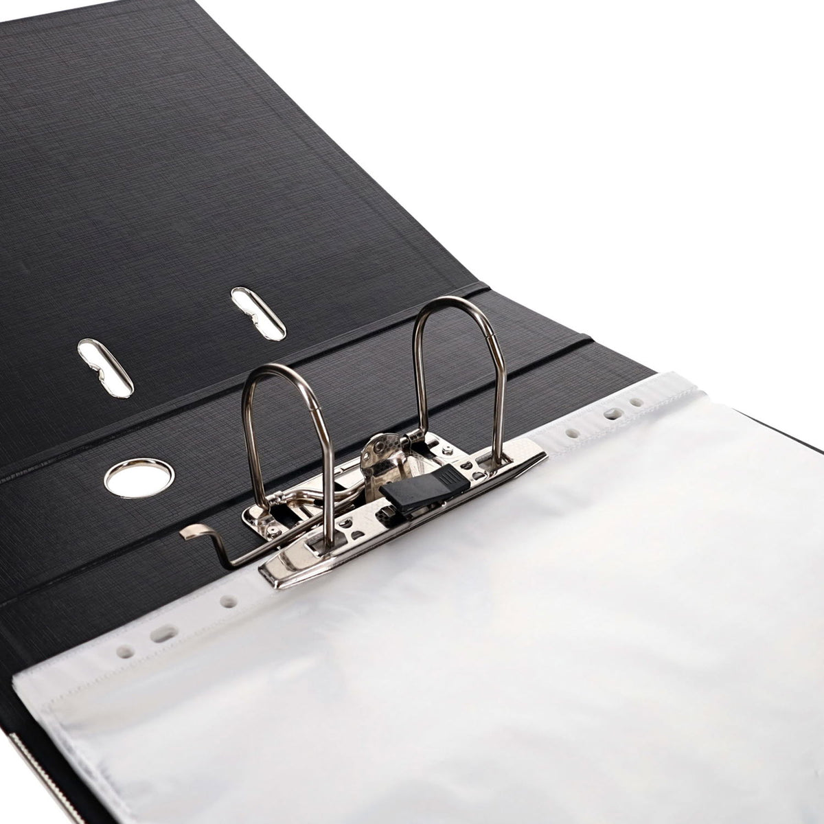 Close-up of a black ring binder with metal rings on a white background with punched pockets in use