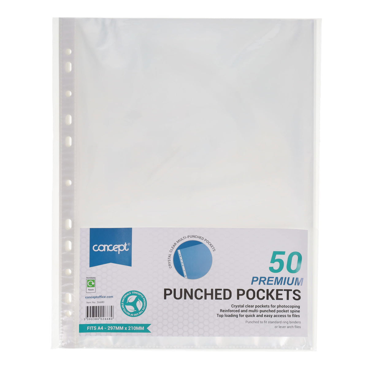 Pack of 50 premium punched pockets with 'concept' branding on a white background