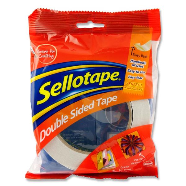 A package of Sellotape Double Sided Tape in red, blue, and yellow packaging, with a roll of white tape visible inside.