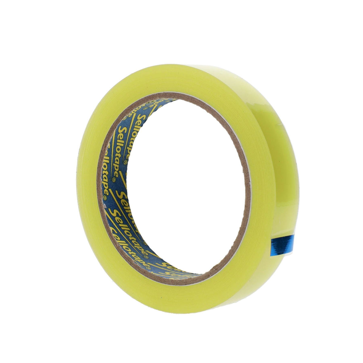 A roll of bright yellow sticky tape on a clean white background, showing the inner cardboard core with printed brand text.