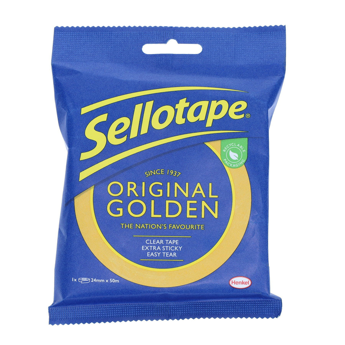A blue bag of Sellotape Original Golden clear sticky tape, featuring the yellow Sellotape logo and circle of tape on the front, with a small green 'recyclable packaging' badge.