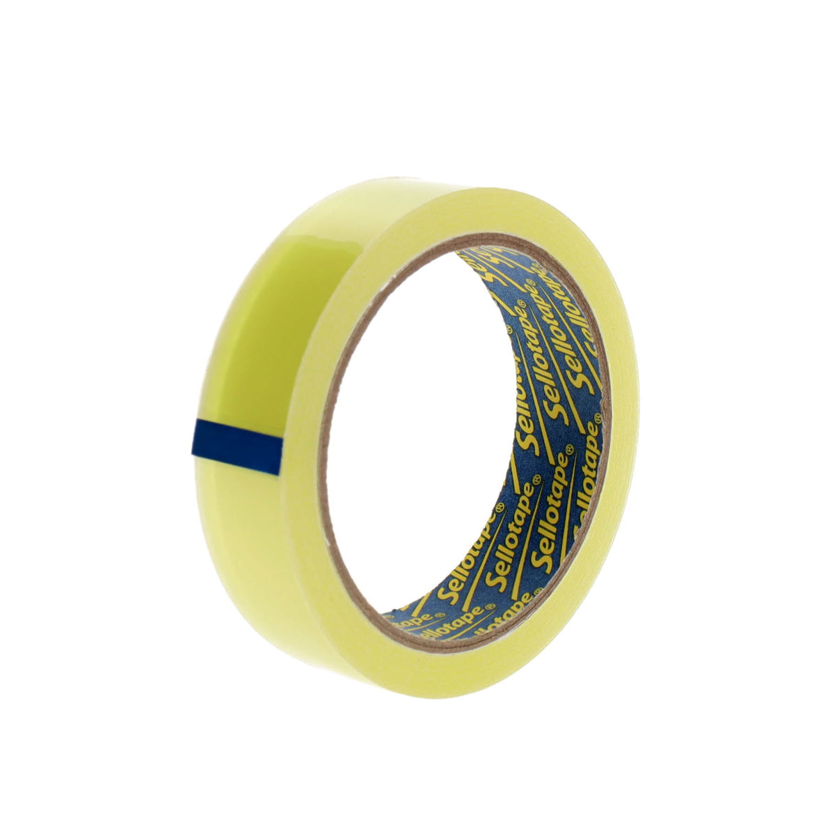 A roll of yellow self-adhesive tape with a blue stripe on the side, shown on a plain white background. The inner core has a blue backing with yellow branding.