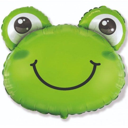Image is of a large foil balloon, in the shape of a frog&#39;s head.  The balloon is green in colour and the frog&#39;s eyes pop out the top of the balloon.  The frog also has a large smile.