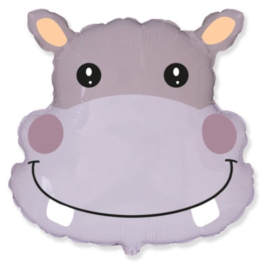 Image is of a large foil balloon in the shape of a hippos head.  The balloon is grey in colour and has two ears that stick out.  The hippo has two eyes, rosy cheeks and a big smile with two large teeth sticking down.