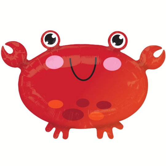 Image is of a fol balloon shaped like a crab.  The balloon is red in colour and has claws and eyes.  The crab has blushed cheeks and a smile.