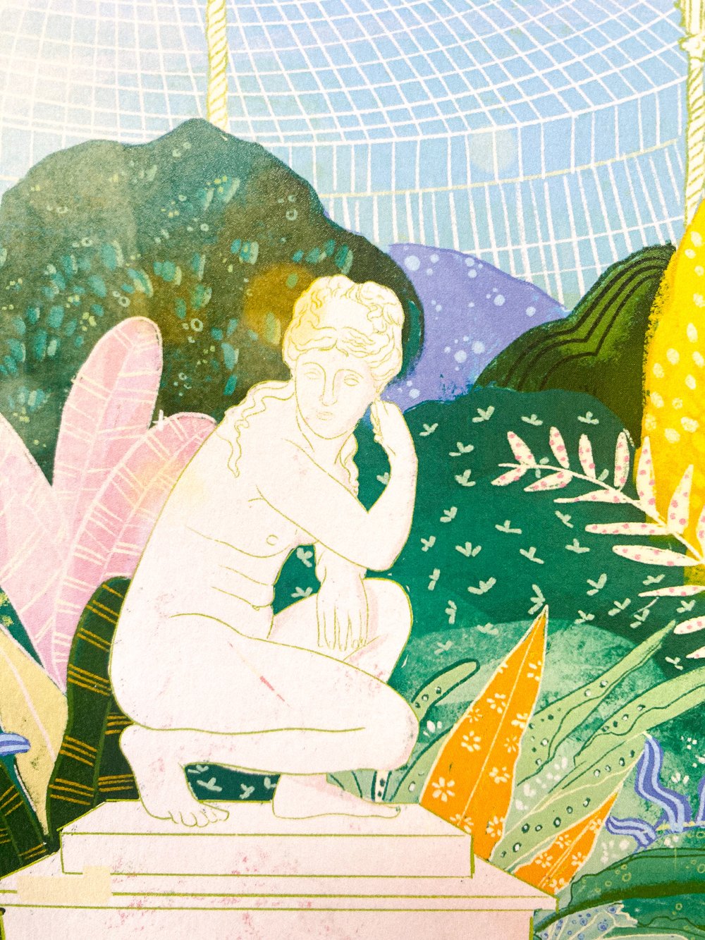 Glasgow Crouching Aphrodite Statue Scottish Art Print close up by sophy louise illustration at penny black