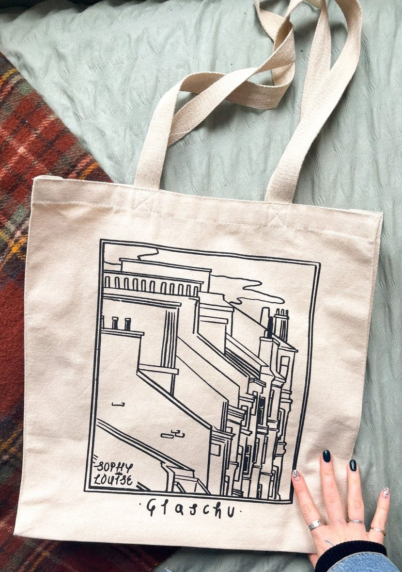 Alba Glaschu Scottish Illustrated Tote Bag by sophy Louise illustration at penny black - Glaschu side