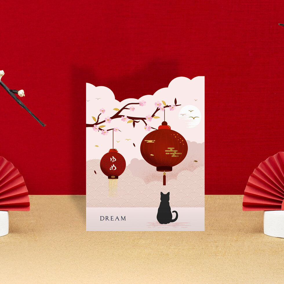 Japanese Lanterns & Cat Die-Cut Mini Card By Penny Black