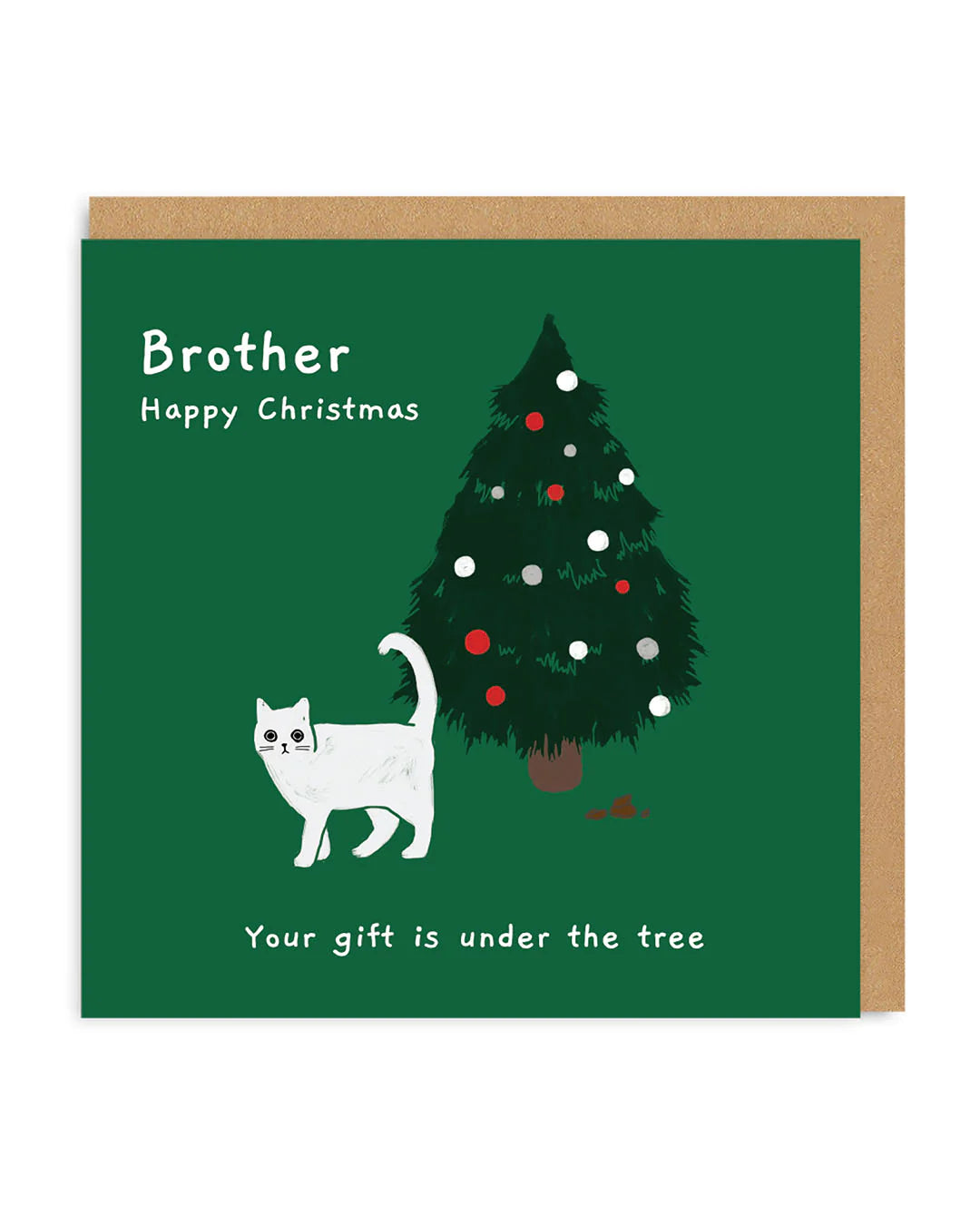Brother Gift Under the Tree Ken The Cat Funny Christmas Card by penny Black