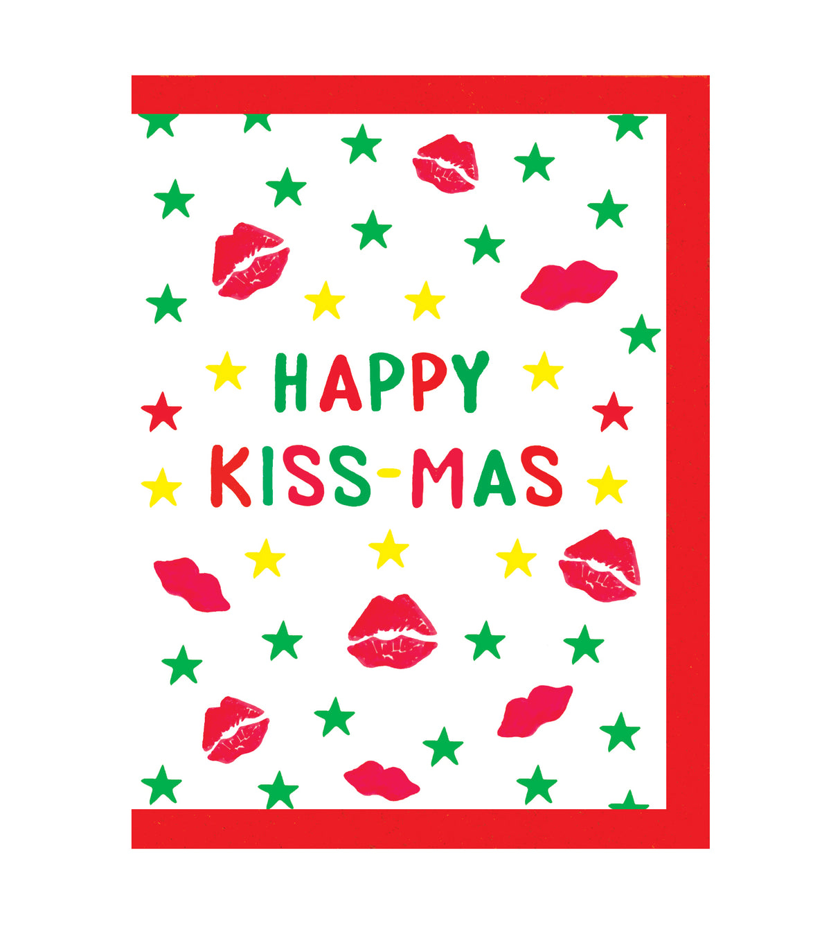 A mini christmas greeting card design with a white background, green and yellow stars, red lip prints, and the text 'HAPPY KISS-MAS' in multicoloured letters.