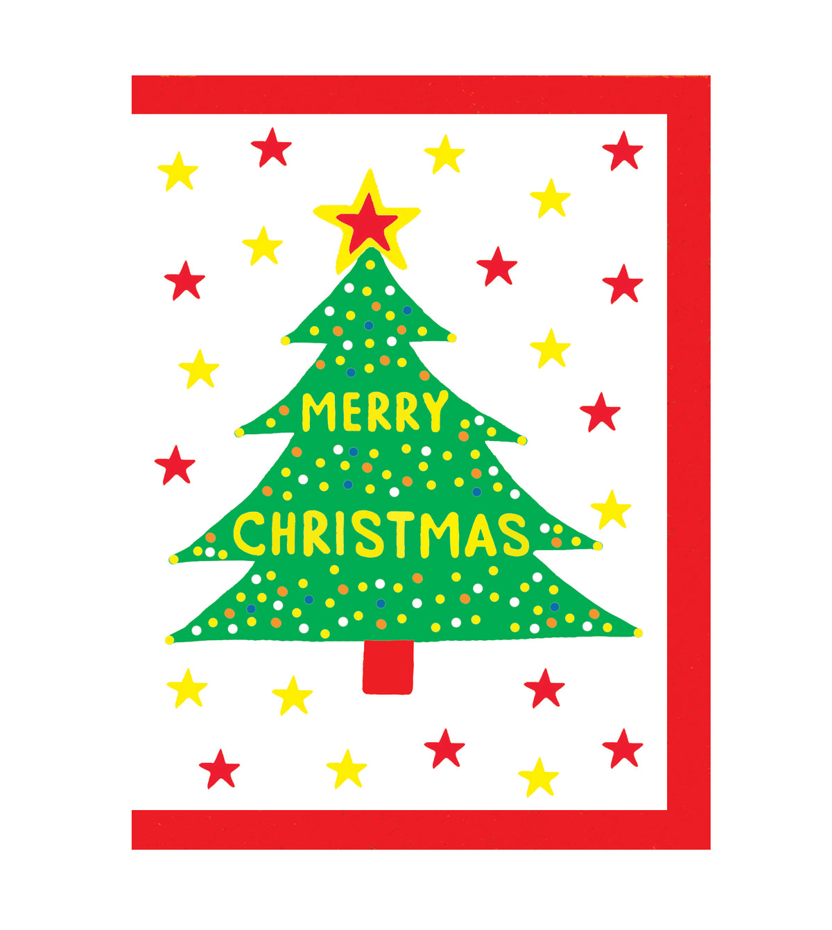 A mini christmas card featuring a neon christmas tree surrounded by yellow and red stars.