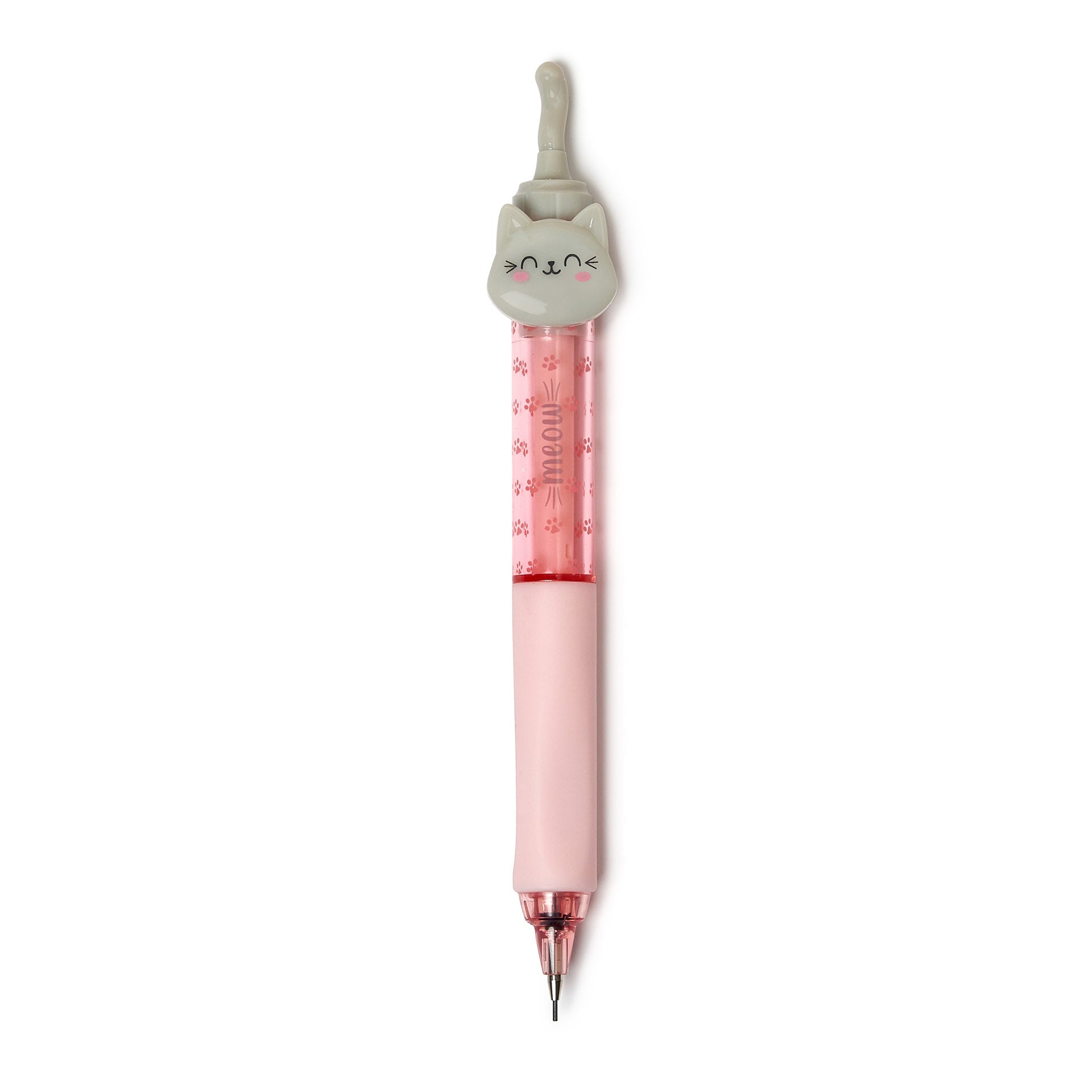 An image of a mechanical pencil with a light pink shaft. It has a clear section showing the lead and a silicone part for comfort. It also has a light grey cat with it's tail sticking up at the top.