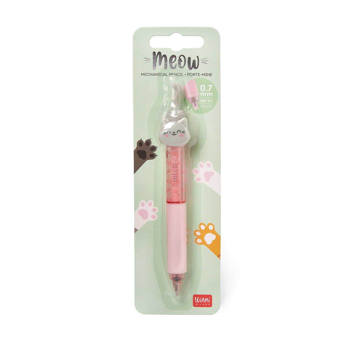 An image of a pink mechanical pencil with grey cat on the top in it&#39;s packaging.