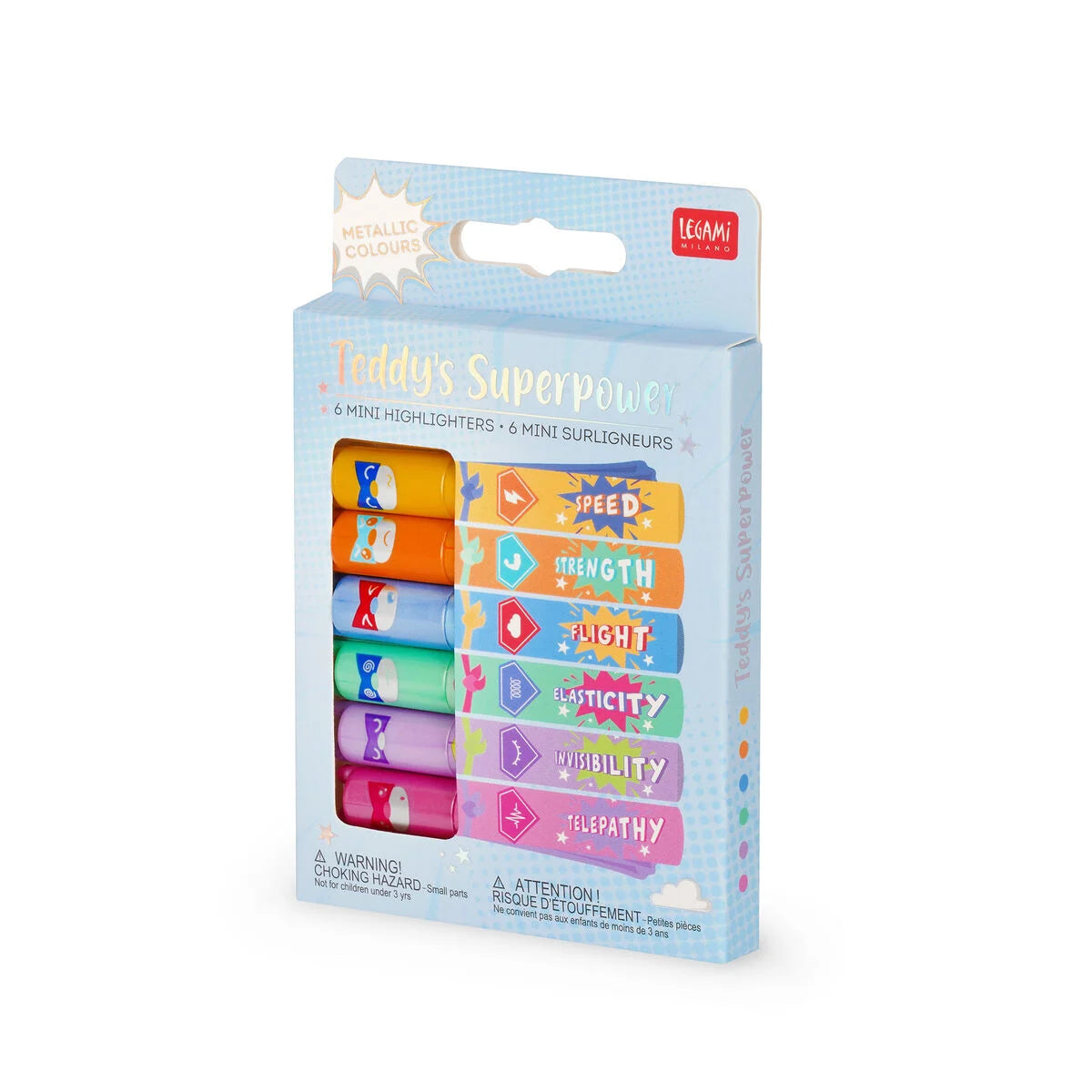 Teddys Superpower Metallic Mini Highlighter Pen Set shown in packaging by penny black