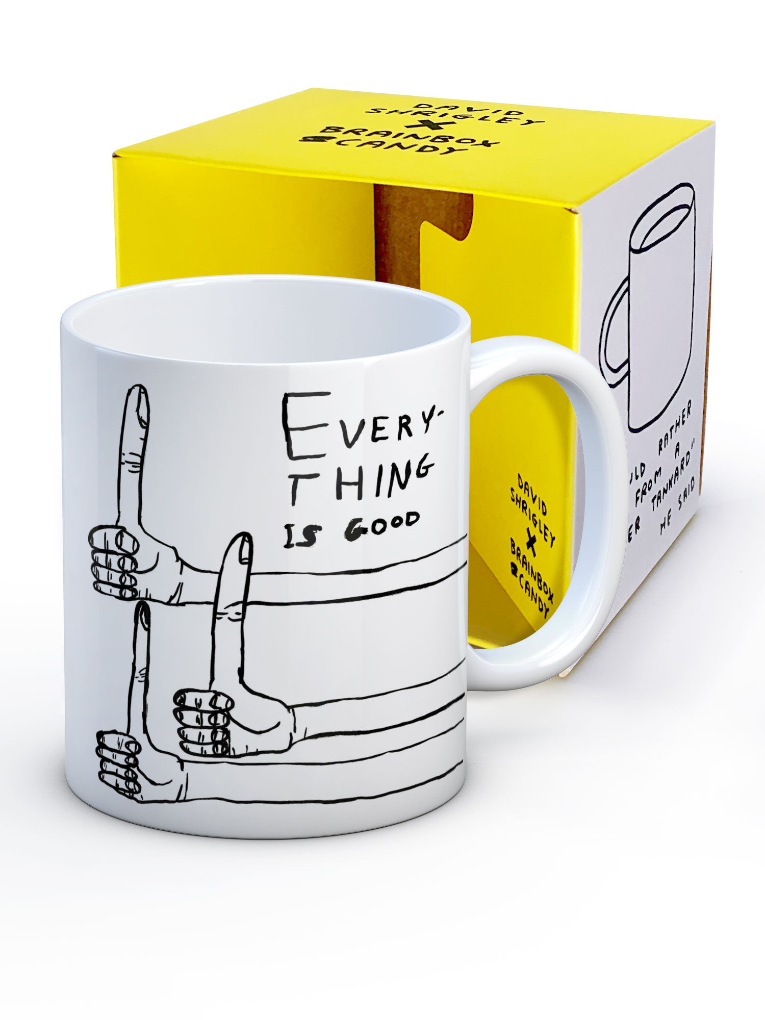 Everything Is Good David Shrigley Mug showing bright yellow accompanying box