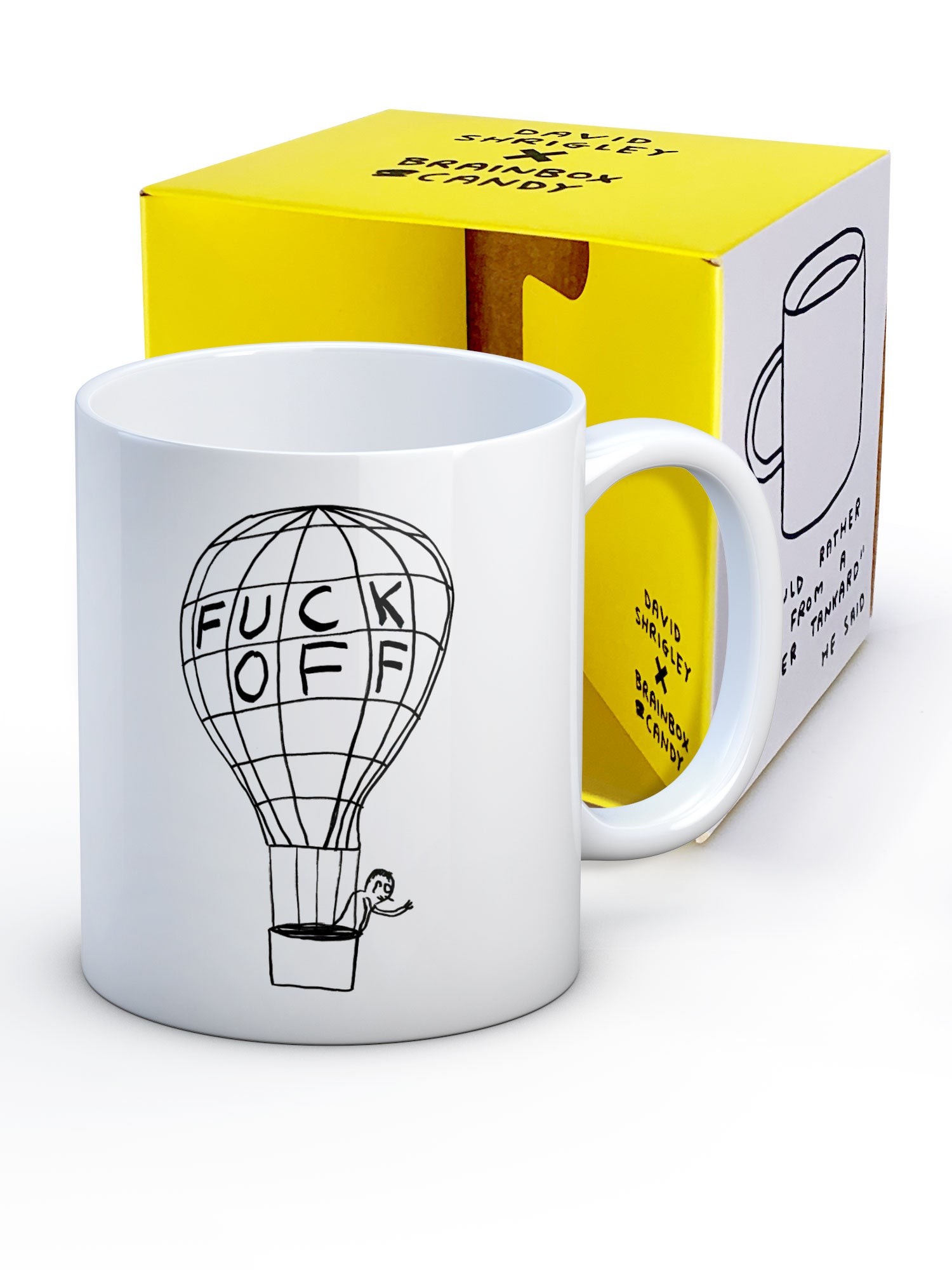 Fuck Off Balloon David Shrigley Mug showing bright yellow packaging