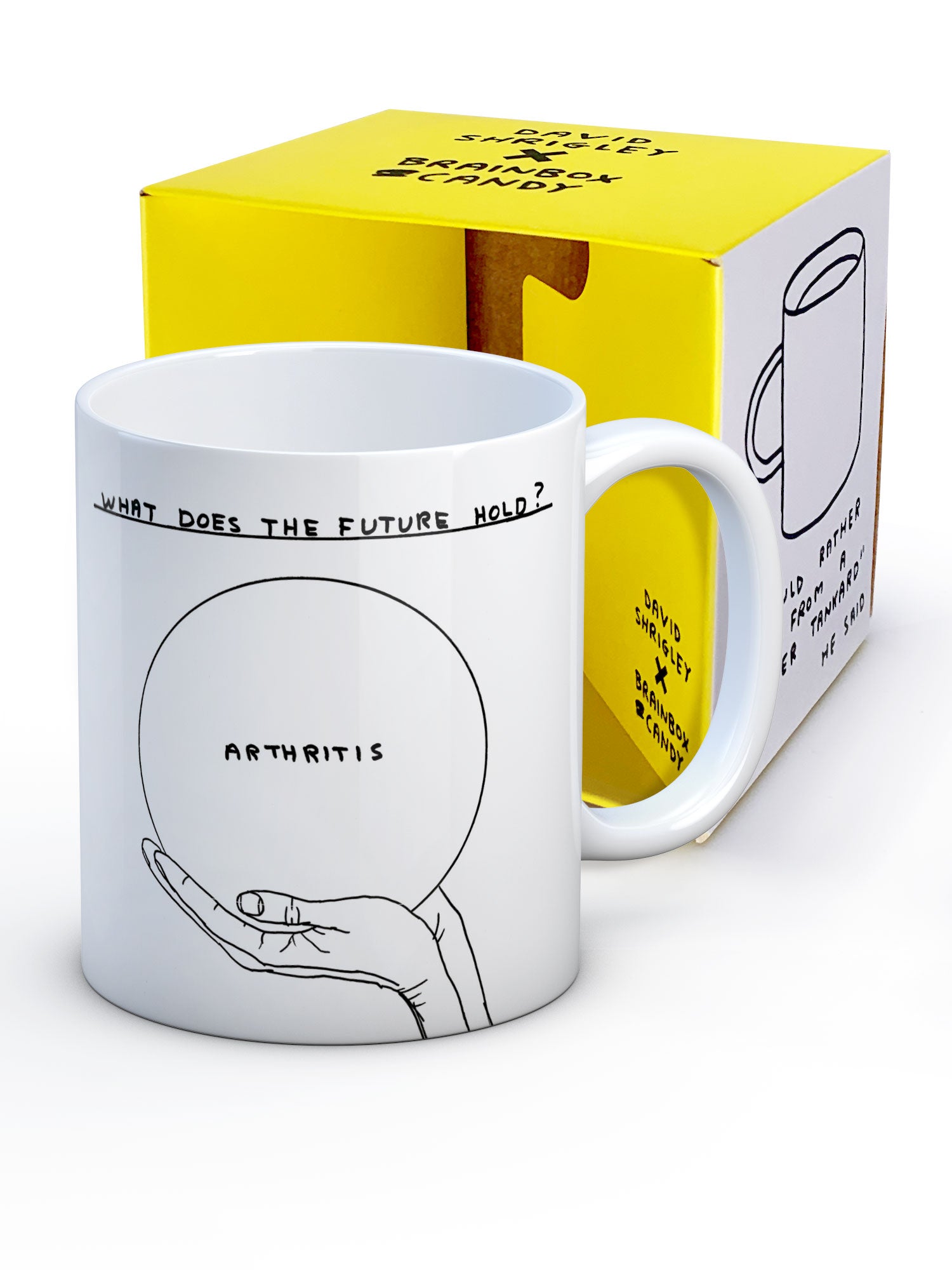 Arthritis Crystal Ball David Shrigley Mug showing bright yellow gift box