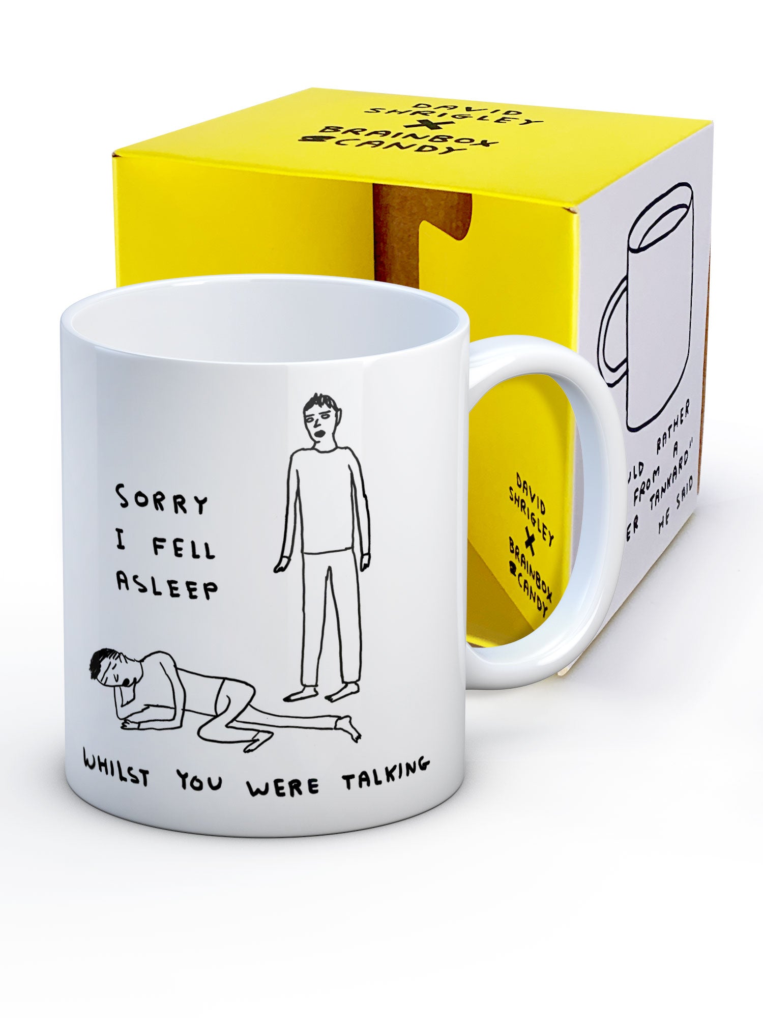 Sorry I Fell Asleep David Shrigley Mug showing bright yellow packaging
