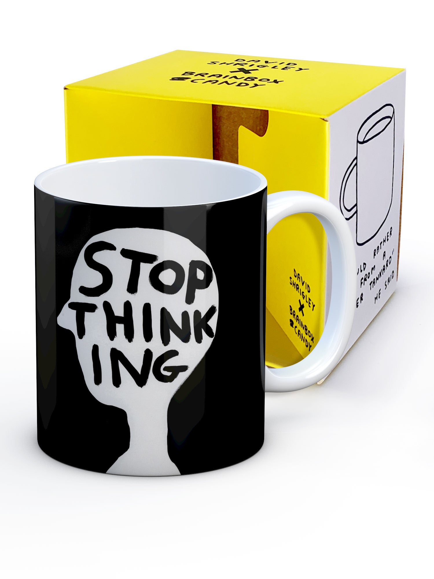 Stop Thinking David Shrigley Mug showing bright yellow gift box packaging