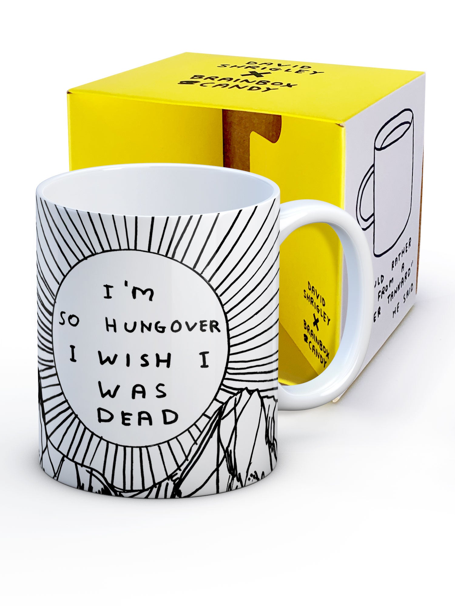 I'm So Hungover I Wish I Was Dead David Shrigley Mug showing bright yellow gift box packaging
