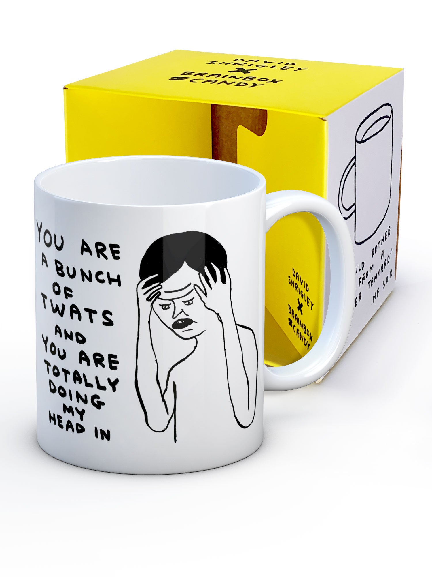 Bunch of Twats David Shrigley Mug showing bright yellow packaging 