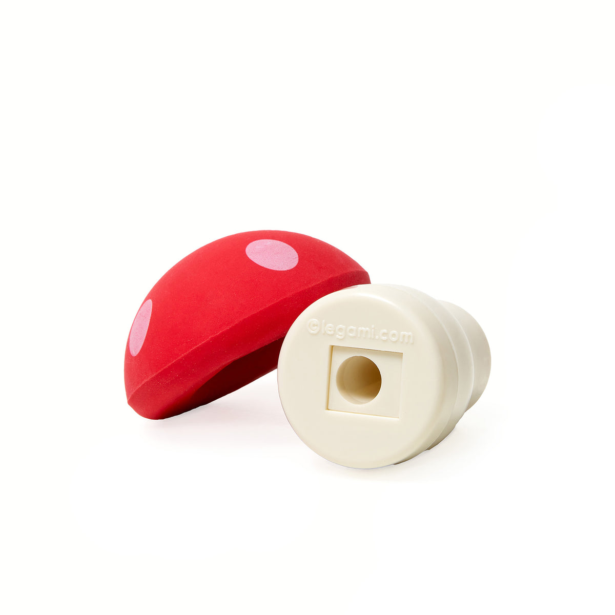 An image showing the eraser toadstool top and the stalk sharpener on this 2 in 1 stationery item.