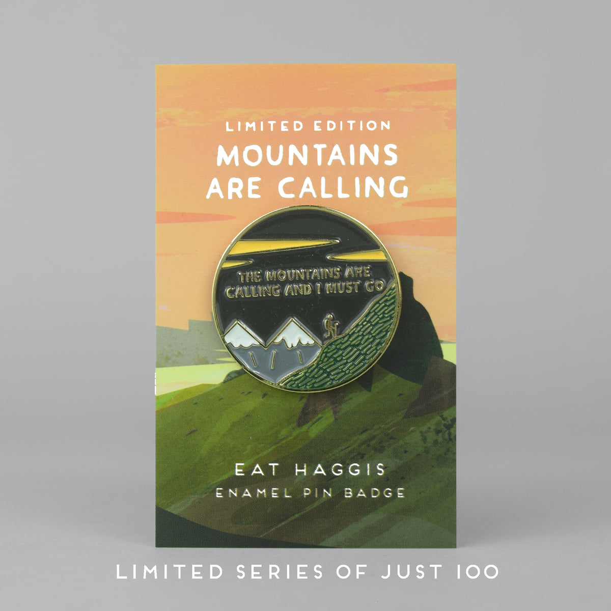Mountains Are Calling Pin Badge with backing card by penny black