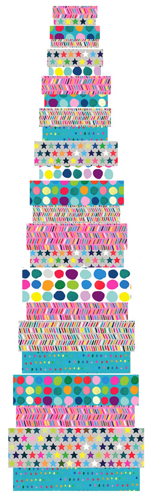 A stack of multicolour gift boxes. Some have stars, spots and dashes.