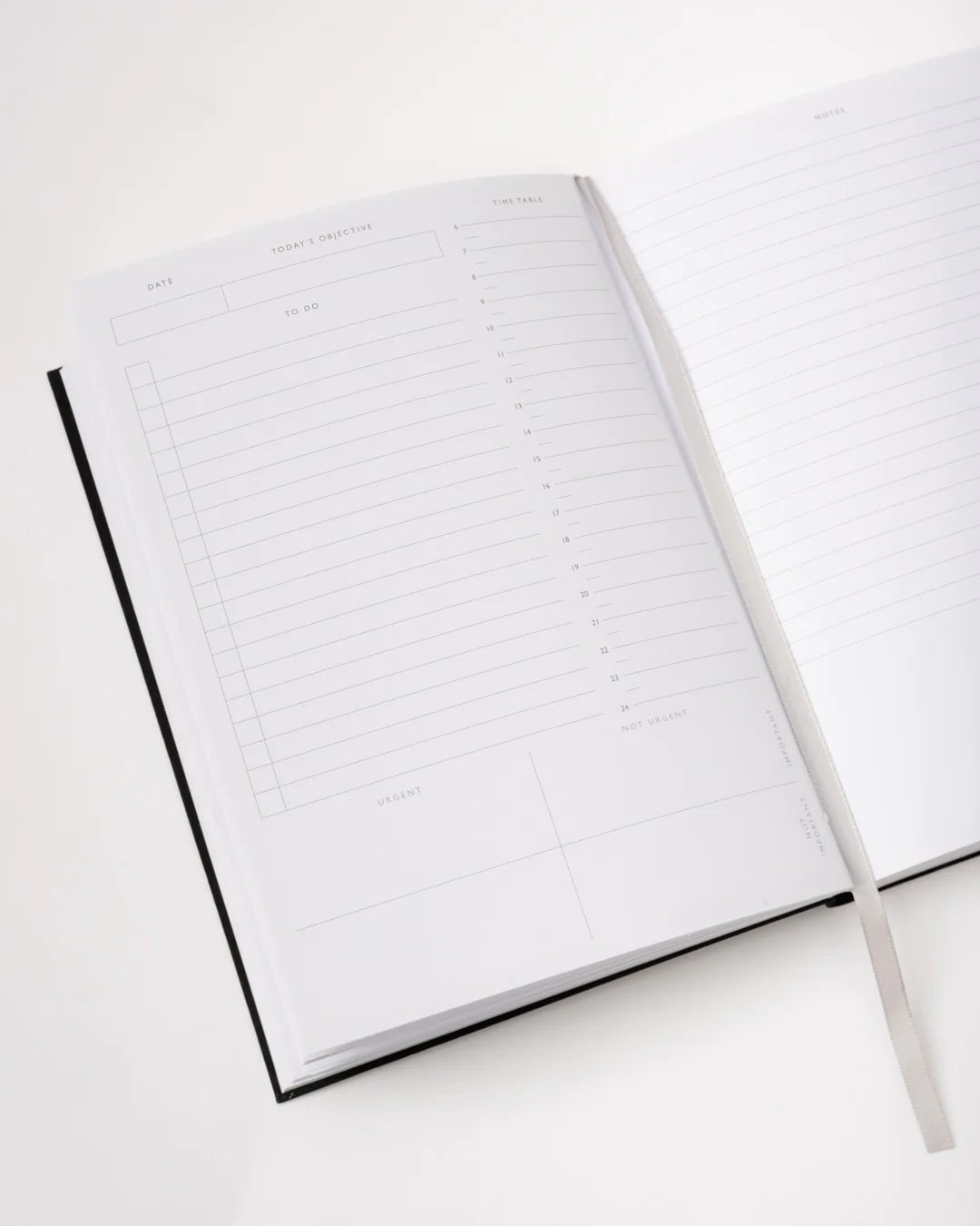 An image showing inside pages of a planner. Both pages are white with various lightly visible features such as to do, a timetable and note areas. A silver page marker ribbon is shown.