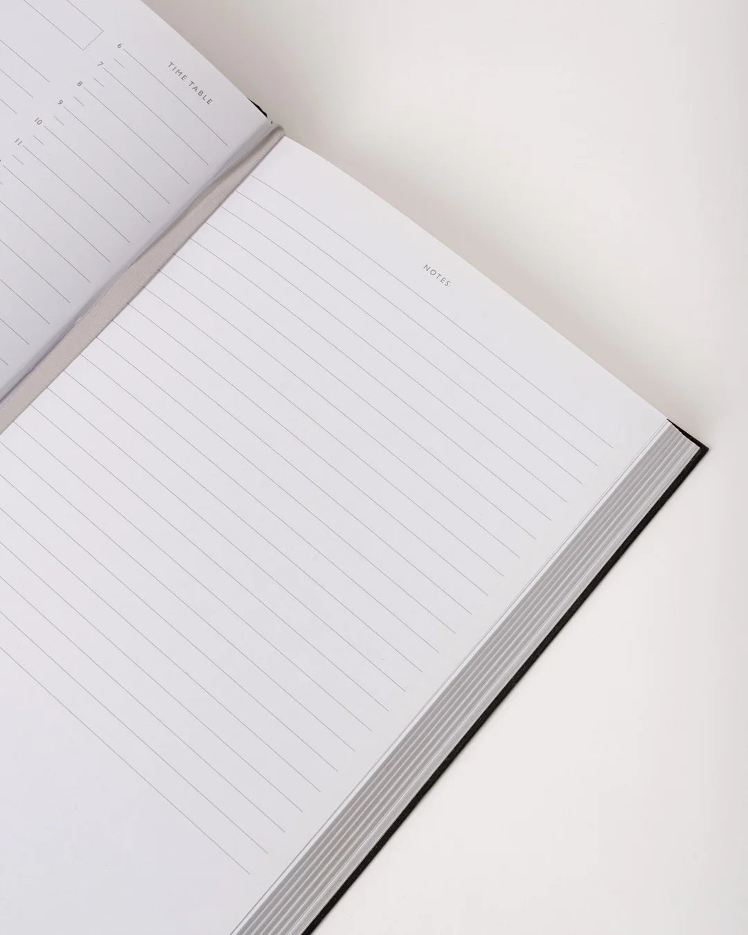 An image showing inside pages of a planner. Both pages are white with various lightly visible features such as a timetable and note areas. A silver page marker ribbon is shown.