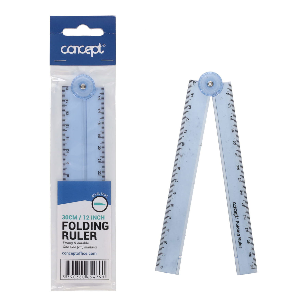 Concept folding ruler in its retail packaging, shown alongside the unfolded blue ruler on a plain white background.