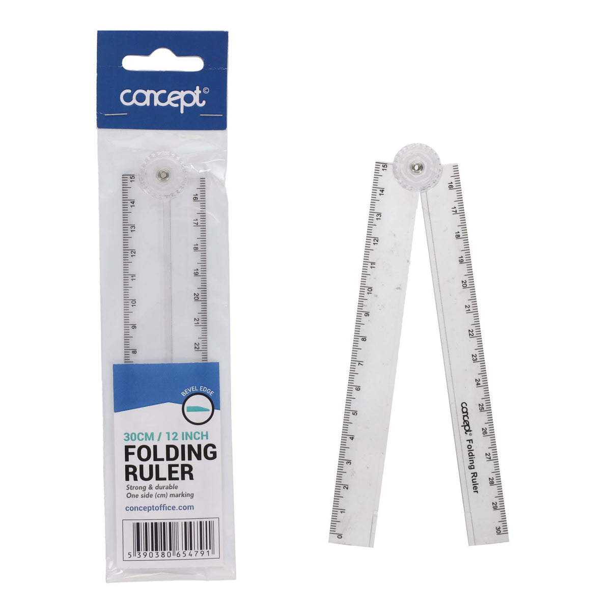 Concept folding ruler in its retail packaging, shown alongside the unfolded clear ruler on a plain white background.