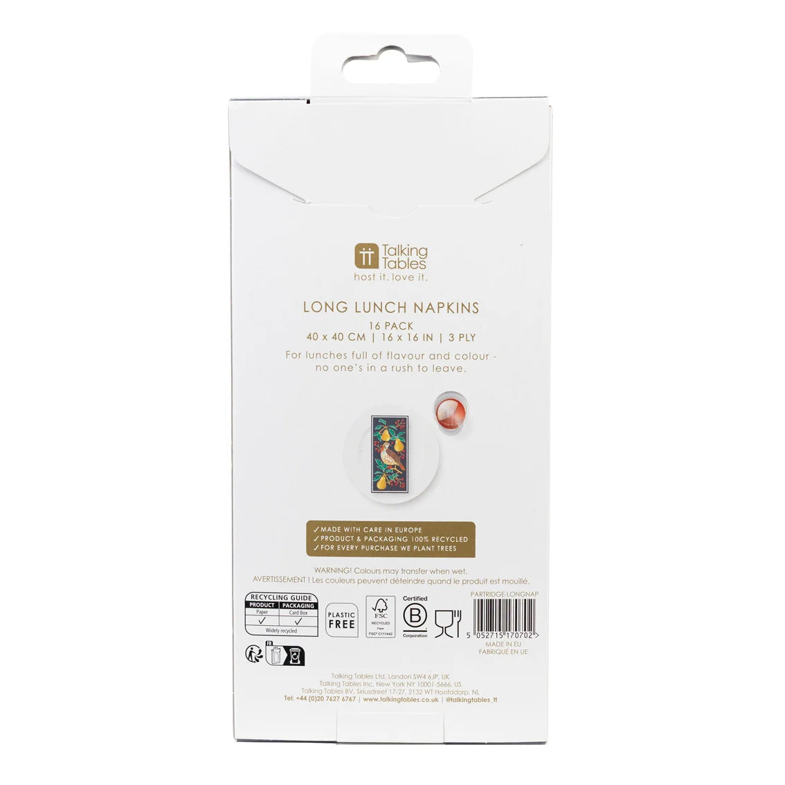 Festive Partridge Long Paper Napkins 16 Pack By Penny Black