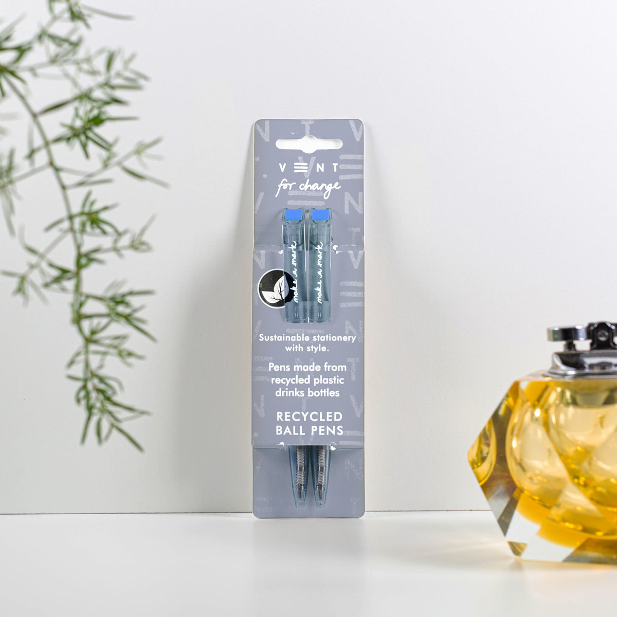 Make a Mark Recycled Pen 2 pack set by Vent for Change in it&#39;s packaging against a wall in colourway dusty blue