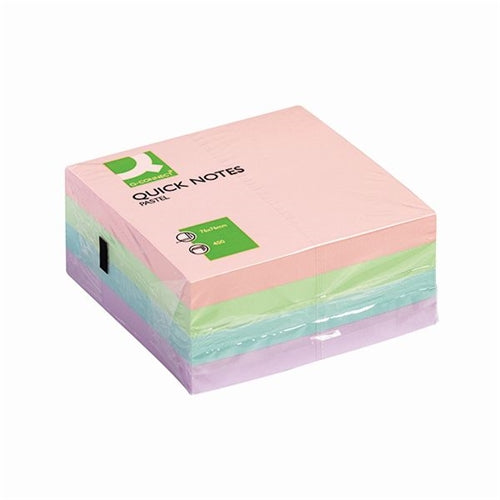 An image of a sticky note cube made up of multicolour pastel layers. It is wrapped in a clear cellophane with the brand and name on the front.