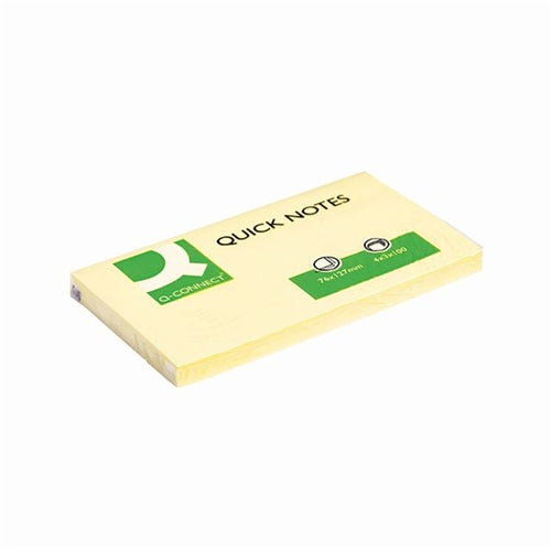 An image of a set of yellow sticky notes measuring 76 x 127mm. They are in clear packaging and named Quick Notes.