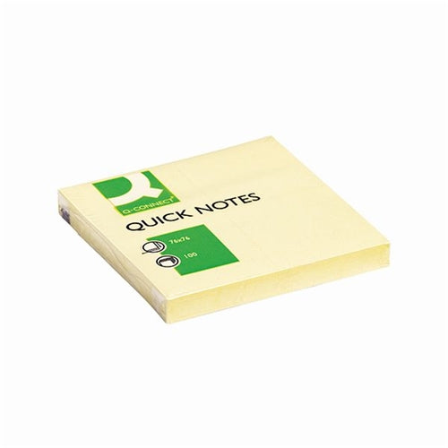 An image of a set of yellow sticky notes measuring 76 x 76mm. They are in clear packaging and named Quick Notes.