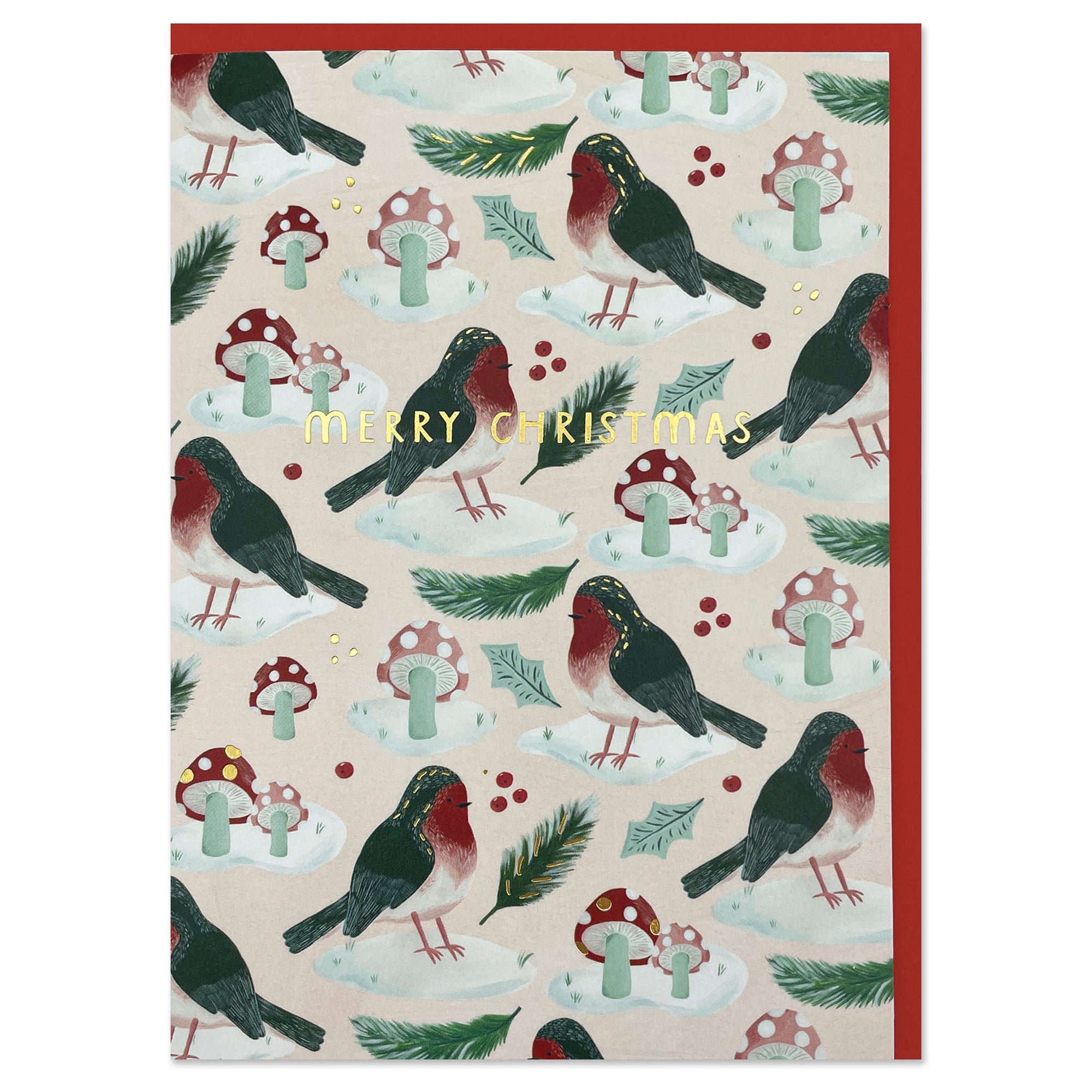 A christmas card featuring a repeat pattern of robins and toadstools.
